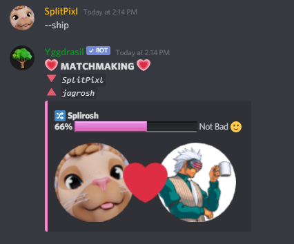 Yggdrasil Discord Bot - use ship username secondusername to see how compatible two users are yggdrasil will calculate their compatibility using a super secret algorithm
