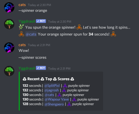 Yggdrasil Discord Bot - use spinner scores to see the current high scores if you didn t place don t worry scores only last a few hours and you can keep spinning to try to get